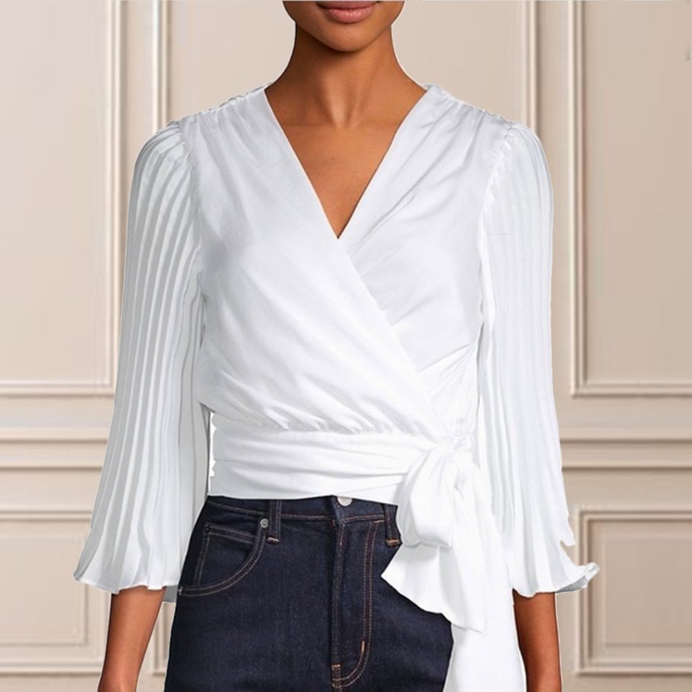 White wrap blouse with accordion sleeves Size S
